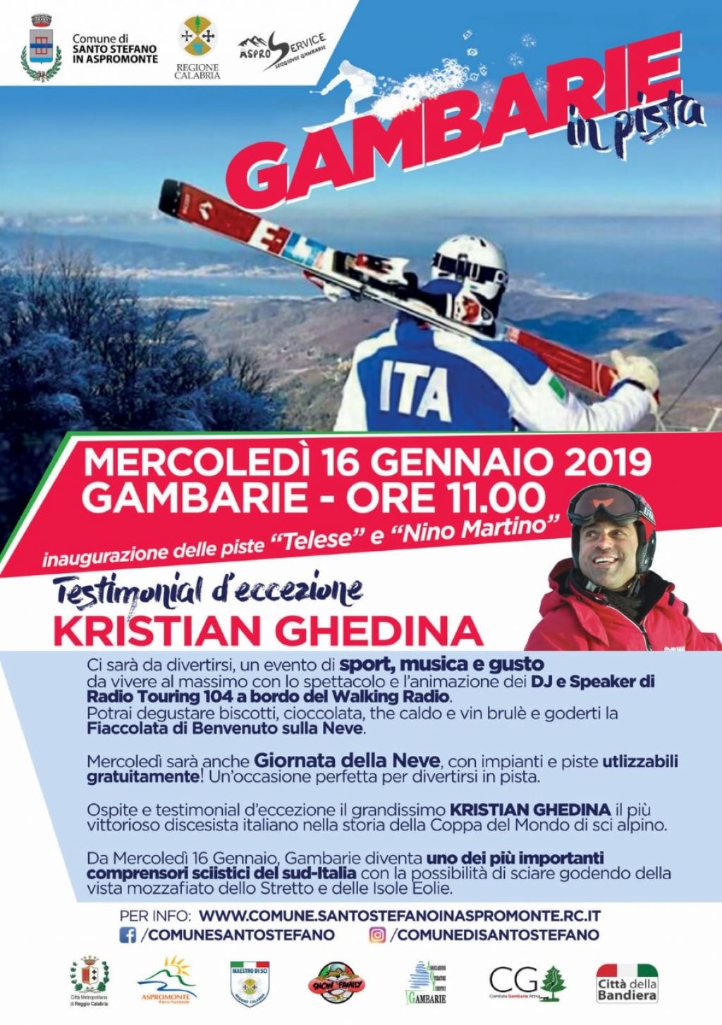 16.1.2019 - Giornata della neve a Gambarie d'Aspromonte. Sci gratis e Kristian Ghedina testimonial